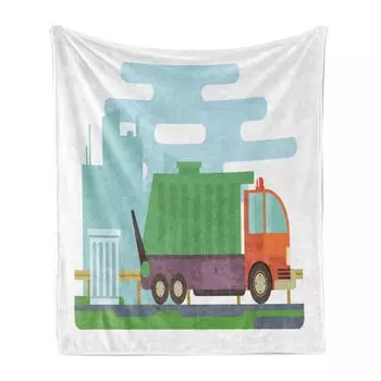 ABAKUHAUS Garbage Truck Мягкое фланелевое флисовое одеяло, интерпретация контейнера для перевозки мусора на улице в стиле дудл, 175 x 230 см, разноцветные