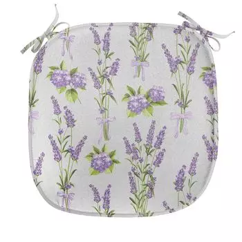 ABAKUHAUS Garden Art Подушка для обеденного стула, Lavender Hydrangea Art, декоративная водонепроницаемая подушка с ремнями для кухонных сидений, 40 см x 40 см, Бледно-серый, лавандово-зеленый, белый