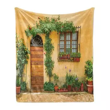 ABAKUHAUS Garden Мягкое фланелевое флисовое одеяло, Натюрморт Фотография старого дома - интерьер Цветы Планировщики и дверь, 175 x 230 см, Светло-оранжевый, папоротниково-зеленый