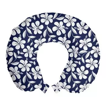 ABAKUHAUS Гавайская дорожная подушка для шеи, Aloha Art Hibiscus Flower, пенопластовый дорожный предмет для самолета и автомобиля, 30x30 см, темно-синий и белый