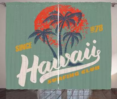 ABAKUHAUS Гавайские шторы в деревенском стиле, графический логотип Surfing Club, универсальные ленточные шторы для гостиной с петлями и крючками, 280 x 245 см, разноцветные зеленые резеды