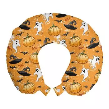 ABAKUHAUS Ghost Travel Pillow Подушка для шеи, тыква-призрак и шляпа волшебника, пенопластовые дорожные принадлежности для самолета и автомобиля, 30x30 см, оранжевый и разноцветный