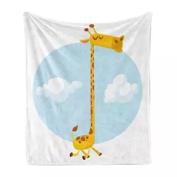 ABAKUHAUS Giraffe Мягкое фланелевое флисовое одеяло, Африка в горошек, очень длинная шея, мультяшное животное с круговым принтом, 175 x 230 см, белый и нежно-голубой