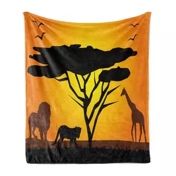 ABAKUHAUS Giraffe Мягкое фланелевое флисовое одеяло, Пейзаж африканской пустыни, Дерево с гривой, Лев, Тигр, Принт птиц, 175 x 230 см, Шоколадный бархатец, коричневый
