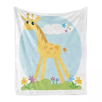 ABAKUHAUS Giraffe Мягкое фланелевое флисовое одеяло, тема детской комнаты Длинноногие животные с цветами, травой, облаками, звездным принтом, 175 x 230 см, Бело-горчичный, нежно-голубой