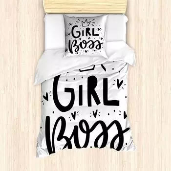 ABAKUHAUS Girls Boss Комплект пододеяльников для односпальных кроватей, корона в форме сердца и слова, защита от клещей, подходит для аллергиков, с наволочкой, 135 см x 200 см — 80 x 80 см, темно-серый и белый