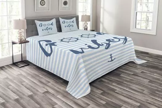 ABAKUHAUS Good Vibes Комплект покрывала Nautical Maritime, комплект с моющимися наволочками, для односпальных кроватей 264 x 220 см, Night Blue Baby Blue