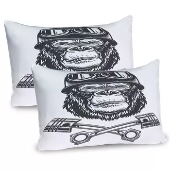 ABAKUHAUS Gorilla Чехлы для подушек, набор из 2 шт., узор в винтажном стиле, голова орангутанга Эрнста Байкера с очками и инструментами, чехол для подушки с декоративным принтом, 80 x 40 см, темно-серый белый