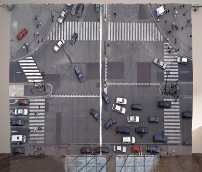 ABAKUHAUS Городская деревенская штора, Street Crossing Paris, Универсальные ленточные шторы для гостиной с петлями и крючками, 280 x 260 см, Бело-серый