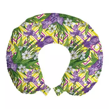 ABAKUHAUS Green and Purple Travel Pillow Подушка для шеи, Ирис и Нарциссы, Пенопластовые дорожные принадлежности для самолета и автомобиля, 30x30 см, Разноцветные