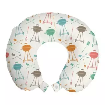 ABAKUHAUS Grill Travel Pillow Поддержка шеи, Ретро элемент гриля для барбекю, Пенопластовый дорожный предмет для самолета и автомобиля, 30x30 см, Разноцветный