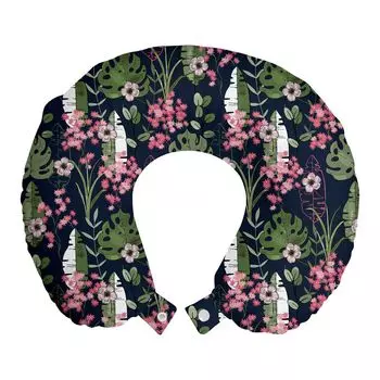 ABAKUHAUS Hawaii Дорожная подушка для шеи, пальмовые листья, цветы, пенопластовые дорожные принадлежности для самолета и автомобиля, 30x30 см, оливково-зеленый, бледно-розовый