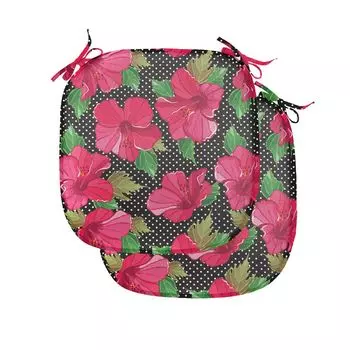 ABAKUHAUS Hawaii Подушка на стул для столовой, гибискус в горошек, декоративная водонепроницаемая подушка с ремнями для кухонных сидений, 40 см x 40 см — упаковка из 2 шт., пурпурный черный зеленый, мультиколор