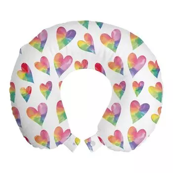 ABAKUHAUS Hearts Travel Подушка для шеи, Rhythmic Ombre Rainbow Art, Пенопластовые дорожные принадлежности для самолета и автомобиля, 30x30 см, Разноцветные
