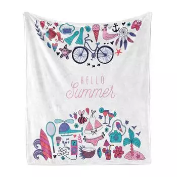 ABAKUHAUS Hello Summer, мягкое фланелевое флисовое одеяло, послание с купальником, кокосовая камера, океанские волны, доска для серфинга, коктейльные каракули, 175 x 230 см, разноцветные