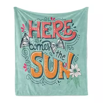 ABAKUHAUS Here Comes the Sun Мягкое фланелевое флисовое одеяло, природный макет с бабочками и цветочными мотивами, винтажная типография, 175 x 230 см, бледно-рубиновый морской пенопласт