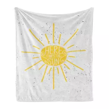 ABAKUHAUS Here Comes the Sun Мягкое фланелевое флисовое одеяло, типография в виде нарисованного от руки солнца на гранж-фоне с вихревыми мотивами, 175 x 230 см, жемчужно-горчичный белый цвет