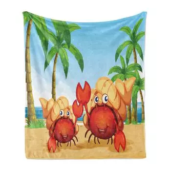 ABAKUHAUS Hermit Crab Мягкое фланелевое флисовое одеяло, крабы в тропическом стиле, уютный плюш для использования в помещении и на открытом воздухе, 125 x 175 см, бледно-голубой, многоцветный