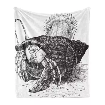 ABAKUHAUS Hermit Crab Мягкое фланелевое флисовое одеяло, монохромный карандашный рисунок с изображением краба, вытаскивающего морские анемоны, 175 x 230 см, угольно-серый белый