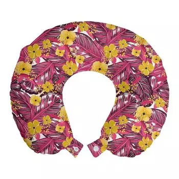ABAKUHAUS Hibiscus дорожная подушка для шеи, летние цветы джунглей, пенопластовый дорожный предмет для самолета и автомобиля, 30x30 см, пурпурный и горчичный