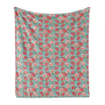 ABAKUHAUS Hibiscus Мягкое фланелевое флисовое одеяло, тропические цветы и пузырьки, уютный плюш для использования в помещении и на улице, 125 x 175 см, бирюзовый коралл