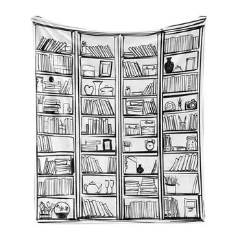 ABAKUHAUS Hobby Мягкое фланелевое флисовое одеяло, книжная полка для библиотеки с множеством книг и аксессуаров для дома, нарисованных вручную, 175 x 230 см, угольно-серый и белый