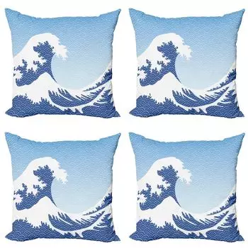 ABAKUHAUS Hokusai Набор чехлов для подушек (4 предмета), волна в винтажной тематике, современная двусторонняя цифровая печать, 45 см x 45 см, бледно-синий индиго