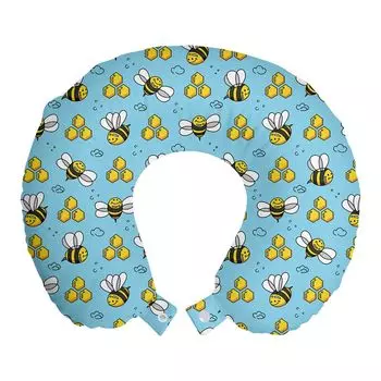 ABAKUHAUS Honey Bee Дорожная подушка для шеи, мультяшный стиль Happy Bees, пенопластовые дорожные принадлежности для самолета и автомобиля, 30x30 см, Небесно-голубая горчица