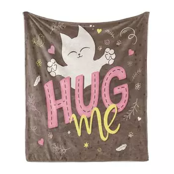 ABAKUHAUS Hug Мягкое фланелевое флисовое одеяло, Doodle Style Hug Me Lettering with Adorable Cute Cat, 175 x 230 см, Цвет какао, розовый