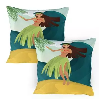 ABAKUHAUS Hula Girl Чехлы для подушек, комплект из 2 шт., Этническая женщина, танцующая на песчаном пляже, серфинг по волнам, Aloha Palm Trees Hello Summer, чехлы для подушек с декоративным принтом, 80 x 80 см, разноцветные