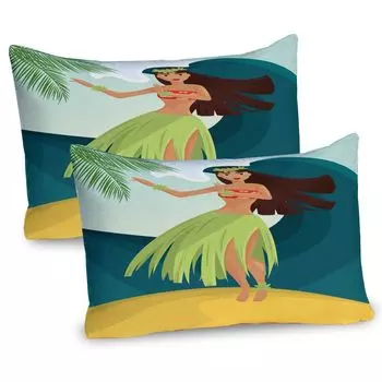 ABAKUHAUS Hula Girl Чехлы для подушек, набор из 2 шт., Этническая женщина, танцующая на песчаном пляже, серфинг по волнам, Aloha Palm Trees Hello Summer, чехол для подушки с декоративным принтом, 80 x 40 см, многоцветный