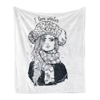 ABAKUHAUS I Love Winter Мягкое фланелевое флисовое одеяло, эскизный рисунок женского портрета в зимней одежде и с длинными волосами, 175 x 230 см, Темно-синий, белый