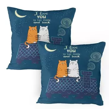 ABAKUHAUS I Love You Чехлы на подушку, набор из 2 шт., «Любовные коты на крыше под ночным небом, луной, звездами, мультяшным изображением котенка», чехол для подушки с декоративным принтом, 80x80 см, темно-бирюзовый, цвет слоновой кости