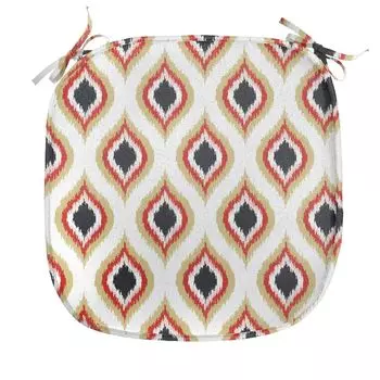 ABAKUHAUS Ikat Подушка для обеденного стула Павлиний хвост Овальный узор Декоративная водонепроницаемая подушка с ремнями для кухонных сидений 40 см x 40 см Кремовый киноварь, черный