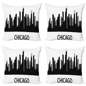 ABAKUHAUS Illinois Набор чехлов для подушек (4 предмета), силуэт Chicago Line, современная двусторонняя цифровая печать, 45 x 45 см, черный и белый