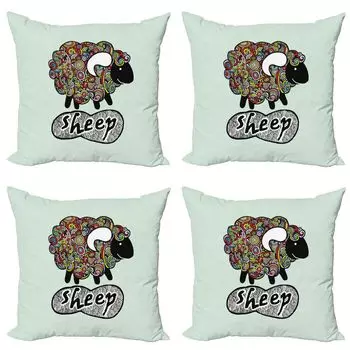 ABAKUHAUS Indie Набор чехлов для подушек (4 предмета), Hipster Doodle Fun Sheep, современная двусторонняя цифровая печать, 45 x 45 см, разноцветные