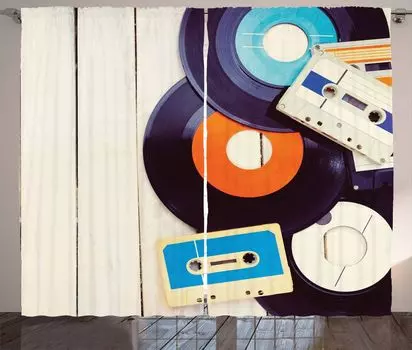 ABAKUHAUS Индийская деревенская штора, Gramophone Records Audio, ленточная занавеска с рюшами и петлями для спальни, 280 x 225 см, Оранжевый Черный Синий