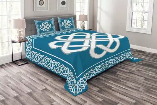 ABAKUHAUS Ирландское покрывало, Celtic Love Knot, комплект с наволочками, моющееся, для односпальных кроватей, 220 x 220 см, темно-аква-белый