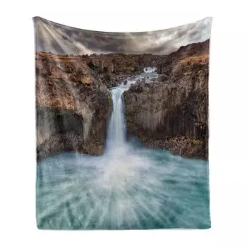 ABAKUHAUS Island Мягкое фланелевое флисовое одеяло, Aldeyjarfoss in North Island Highland Nature, 175 x 230 см, темно-серо-коричневый, морской синий