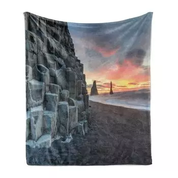 ABAKUHAUS Island Мягкое фланелевое флисовое одеяло, Rocky Reynisdrangar Sunrise, уютный плюш для использования в помещении и на улице, 125 x 175 см, разноцветное