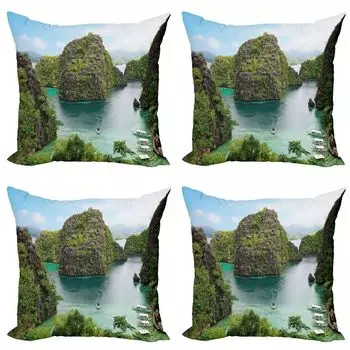 ABAKUHAUS Island Набор чехлов для подушек (4 предмета), Cliff in Philippines, современная двусторонняя цифровая печать, 40 см x 40 см, зеленый, коричневый, синий