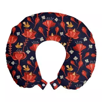 ABAKUHAUS Jacobean Travel Подушка для шеи, Цветущие цветы и птицы, Пенопластовые дорожные принадлежности для самолета и автомобиля, 30x30 см, Индиго киноварь