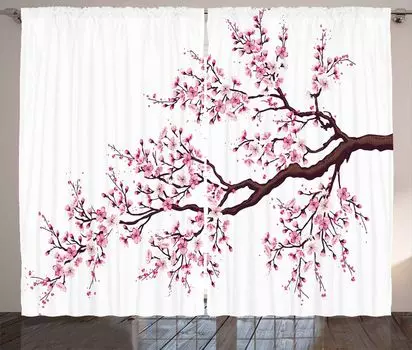 ABAKUHAUS Japan Rustic Curtain, Цветы ветвей сакуры, Универсальные ленточные шторы для гостиной с петлями и крючками, 280 x 175 см, Розовый Темно-коричневый