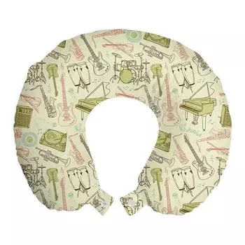 ABAKUHAUS Jazz Music Travel Pillow Подушка для шеи, оборудование для рисования, пенопластовые дорожные принадлежности для самолета и автомобиля, 30x30 см, румянец хаки и бежевый