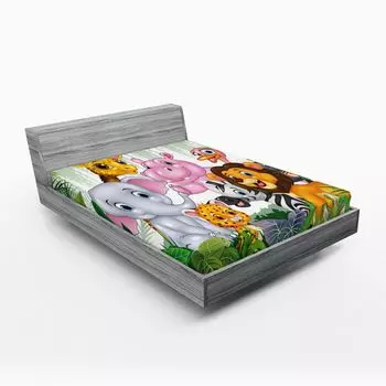 ABAKUHAUS Экзотическая простыня на подгонке, милые и счастливые рисунки животных в тропических джунглях, пальмы и листья, 90 x 190 см, разноцветные