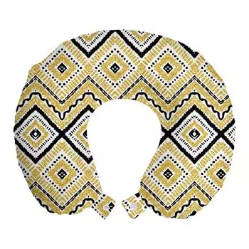 ABAKUHAUS Этническая дорожная подушка для шеи, шевронные волны Tribal, пенопластовый дорожный предмет для самолета и автомобиля, 30x30 см, желтый, черный и белый