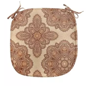 ABAKUHAUS Этническая подушка для обеденного стула Mehndi Пейсли Декоративная водонепроницаемая подушка с цветочным рисунком с ремнями для кухонных сидений 40 см x 40 см Темно-коричневый Светло-коричневый