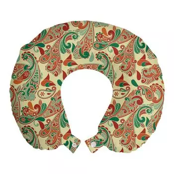 ABAKUHAUS Этническая подушка для путешествий, поддержка шеи, Paisley Art Leaves, пенопластовые дорожные принадлежности для самолета и автомобиля, 30x30 см, Hunter Green Ruby Orange