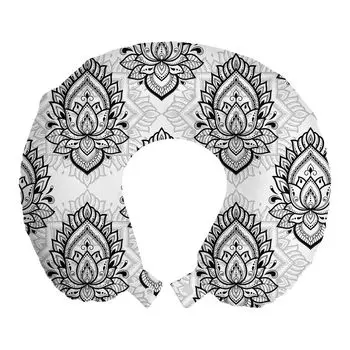 ABAKUHAUS Этническая подушка для путешествий, поддержка шеи, Mandala Art Цветок лотоса, пенопластовые дорожные принадлежности для самолета и автомобиля, 30x30 см, белый и темно-серый