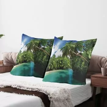 ABAKUHAUS Jungle Чехлы для подушек, набор из 2 шт., остров Маэ, Сейшельские острова, озеро и пальмы с ясным утренним небом, лесной отдых, чехол для подушки с декоративным принтом, 80 x 80 см, зелено-белый цвет морской волны